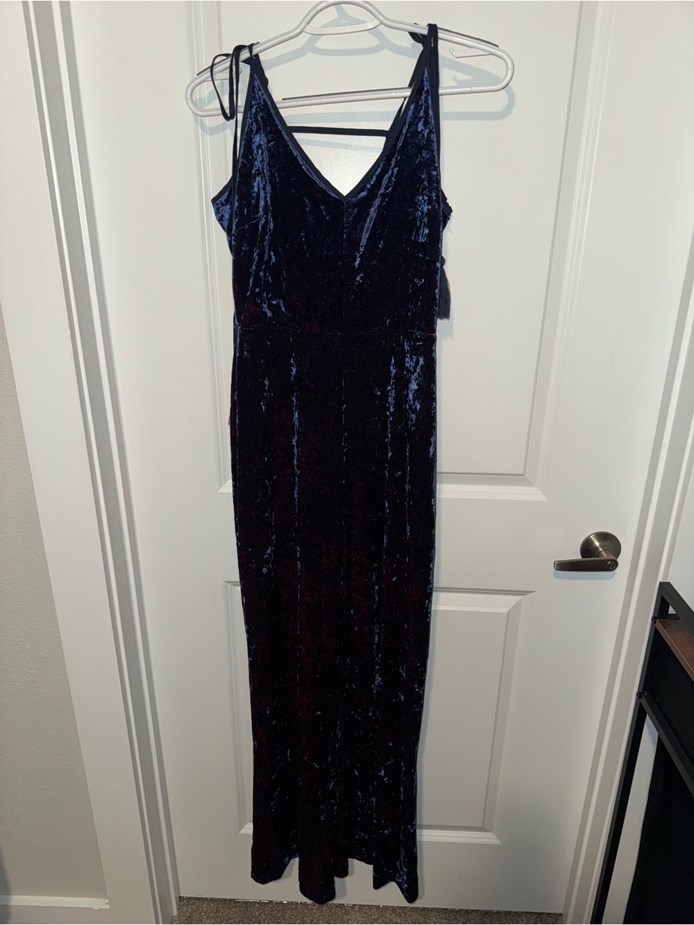 Adelyn Rae Navy Velvet Spaghetti Strap Jumpsuit